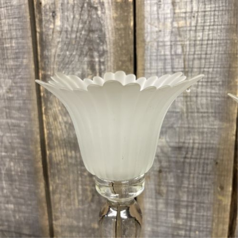 A Pair of Tall Clear and Frosted Glass Tulip Shape Candle Holders