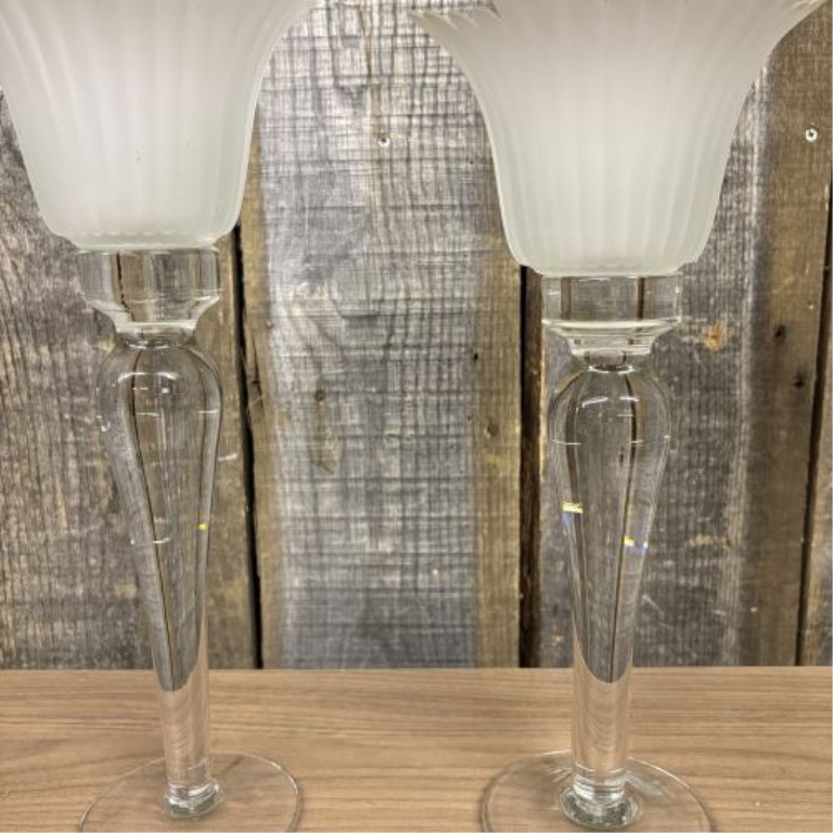 A Pair of Tall Clear and Frosted Glass Tulip Shape Candle Holders