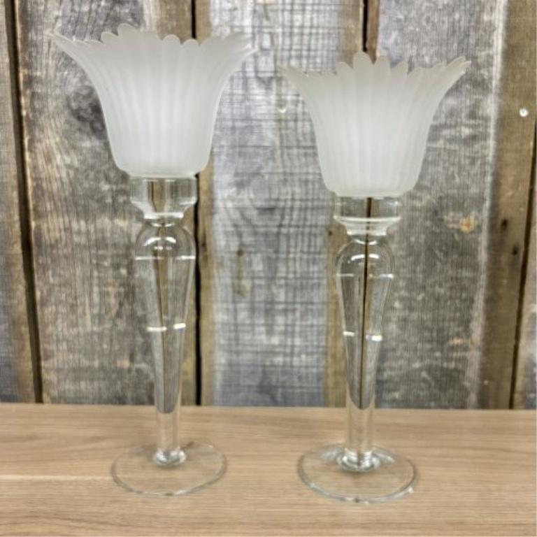 A Pair of Tall Clear and Frosted Glass Tulip Shape Candle Holders