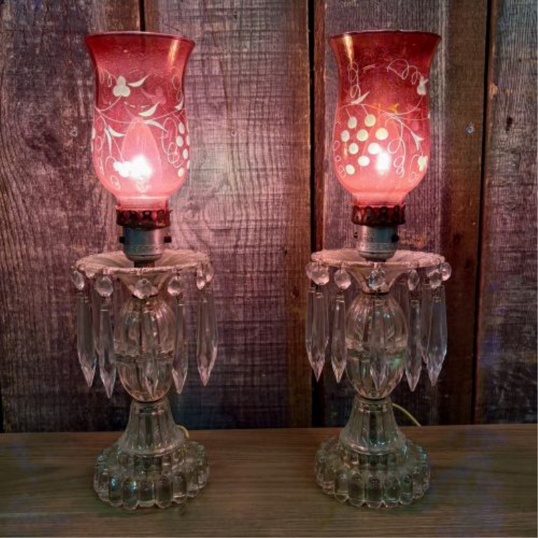 A Pair of Vintage Ruby Etched Glass and Crystal Prism Hurricane Table Lamps