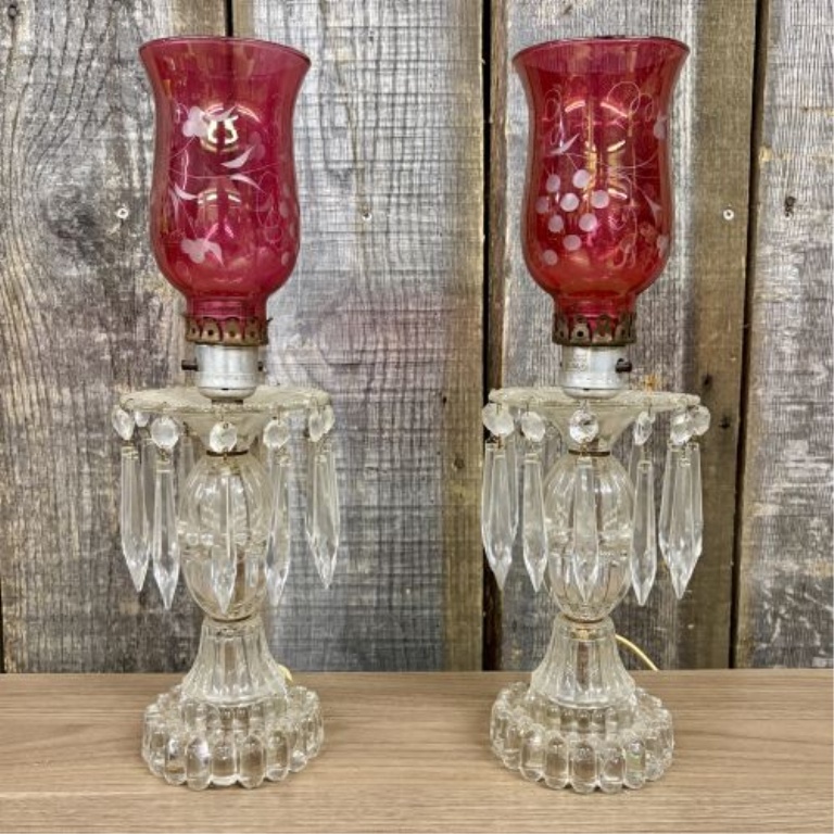 A Pair of Vintage Ruby Etched Glass and Crystal Prism Hurricane Table Lamps