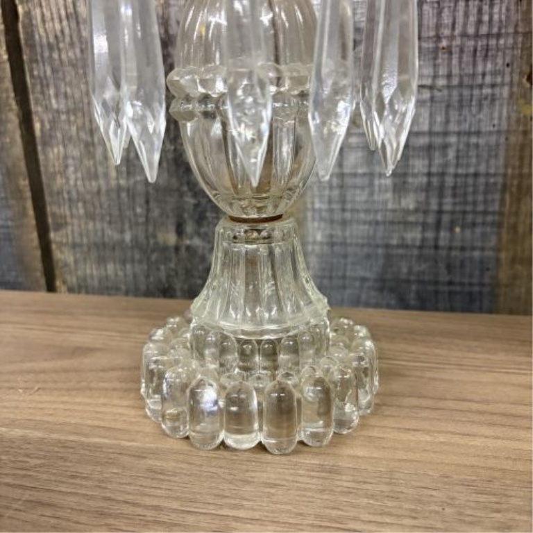 A Pair of Vintage Ruby Etched Glass and Crystal Prism Hurricane Table Lamps