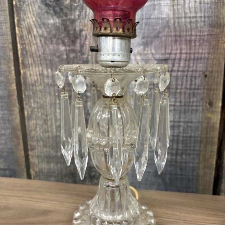 A Pair of Vintage Ruby Etched Glass and Crystal Prism Hurricane Table Lamps