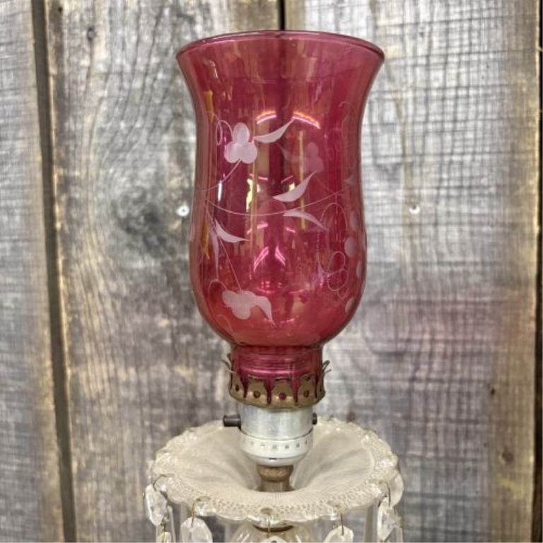 A Pair of Vintage Ruby Etched Glass and Crystal Prism Hurricane Table Lamps