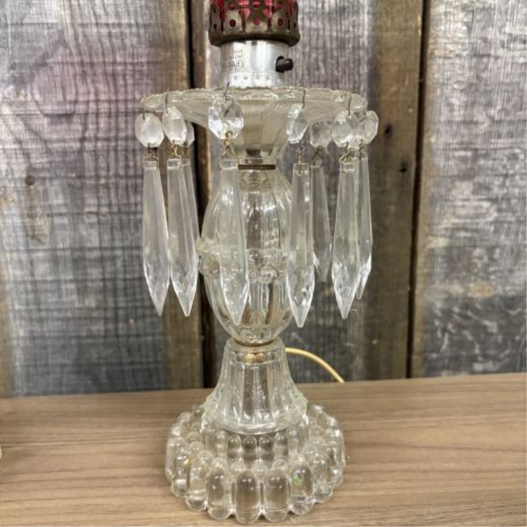 A Pair of Vintage Ruby Etched Glass and Crystal Prism Hurricane Table Lamps
