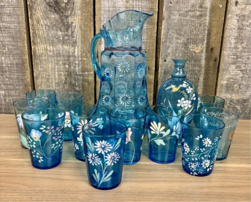 A 12-Piece Set of Victorian-Style Enameled Blue Art Glass Tableware Attributed to Fenton or Northwood
