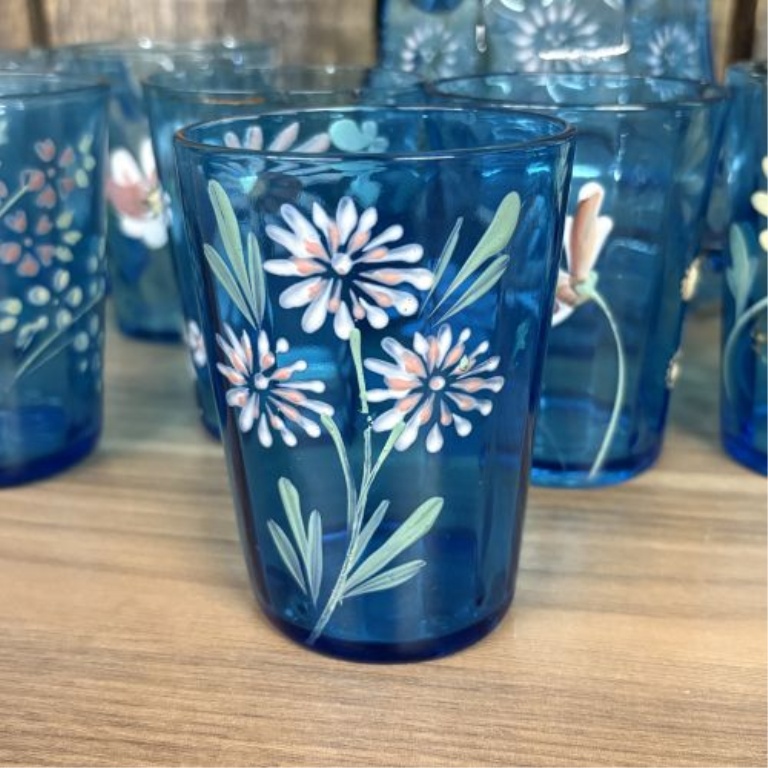 A 12-Piece Set of Victorian-Style Enameled Blue Art Glass Tableware Attributed to Fenton or Northwood
