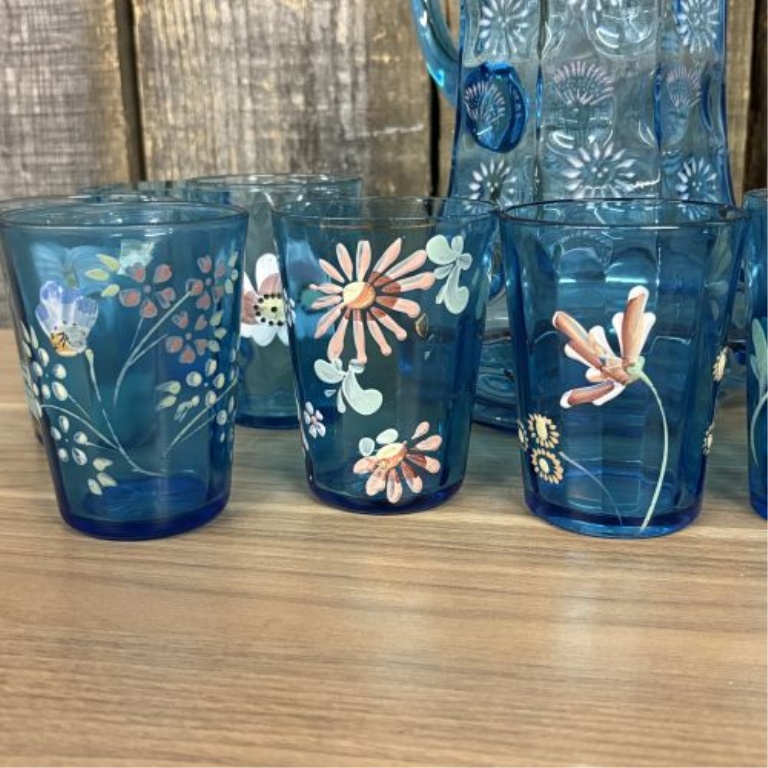 A 12-Piece Set of Victorian-Style Enameled Blue Art Glass Tableware Attributed to Fenton or Northwood
