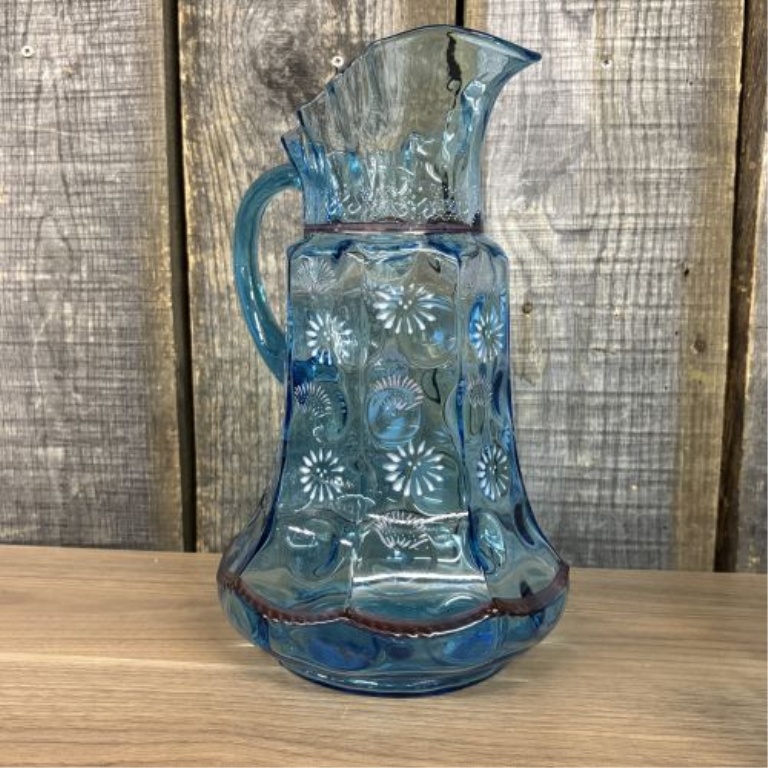 A 12-Piece Set of Victorian-Style Enameled Blue Art Glass Tableware Attributed to Fenton or Northwood
