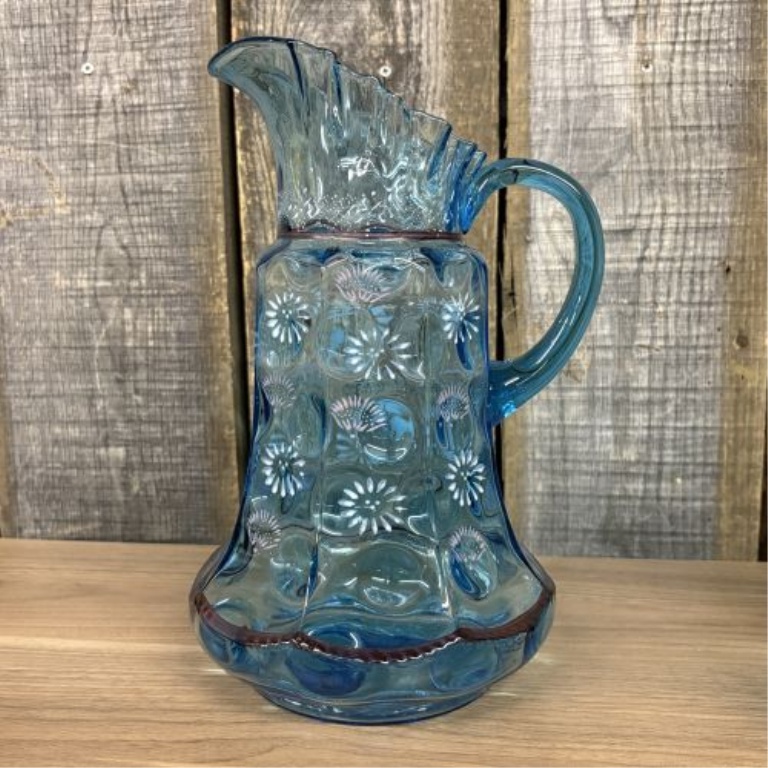 A 12-Piece Set of Victorian-Style Enameled Blue Art Glass Tableware Attributed to Fenton or Northwood