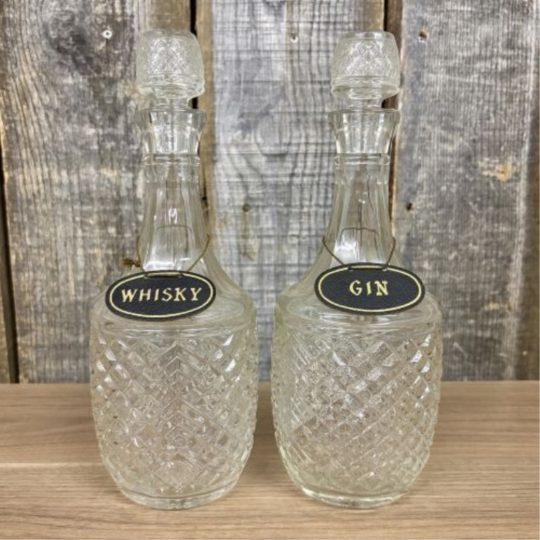 A Pair of Vintage Pressed Glass Spirit Decanters with Whisky and Gin Hang Tags