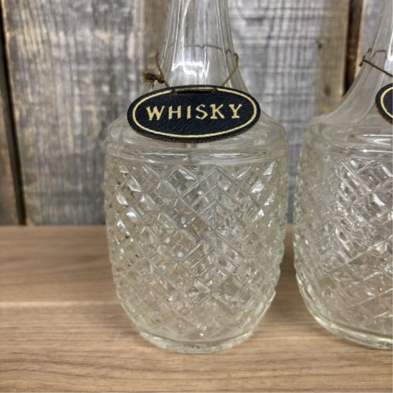 A Pair of Vintage Pressed Glass Spirit Decanters with Whisky and Gin Hang Tags