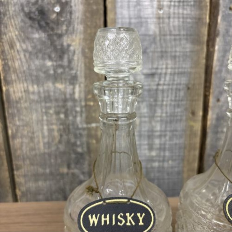 A Pair of Vintage Pressed Glass Spirit Decanters with Whisky and Gin Hang Tags