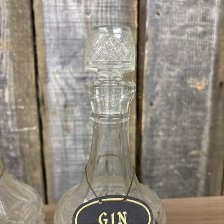 A Pair of Vintage Pressed Glass Spirit Decanters with Whisky and Gin Hang Tags