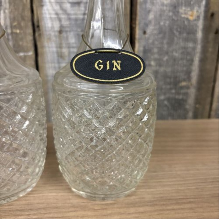 A Pair of Vintage Pressed Glass Spirit Decanters with Whisky and Gin Hang Tags