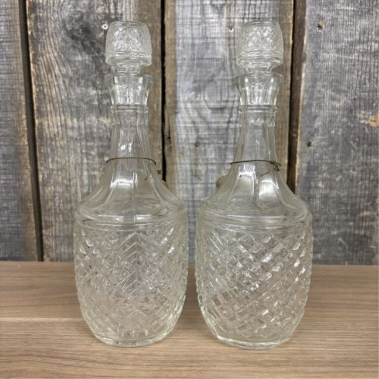 A Pair of Vintage Pressed Glass Spirit Decanters with Whisky and Gin Hang Tags