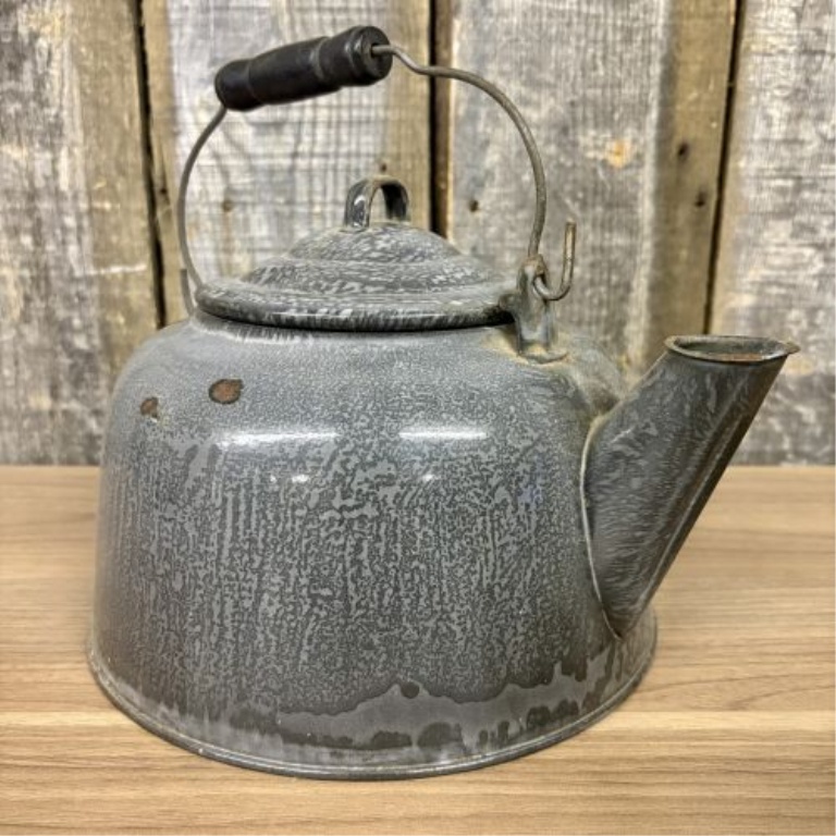 Antique Gray Graniteware Stovetop Tea Kettle with Wooden Grip