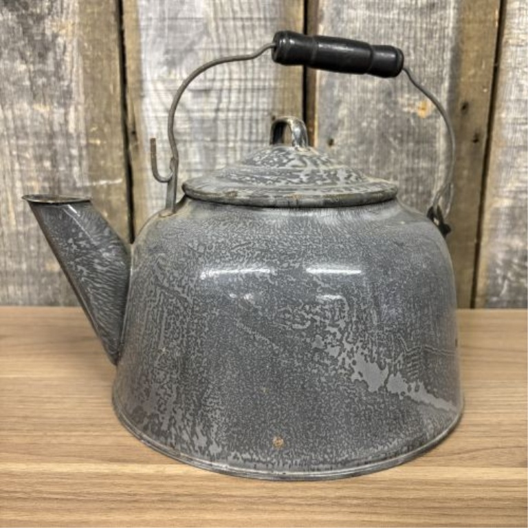 Antique Gray Graniteware Stovetop Tea Kettle with Wooden Grip