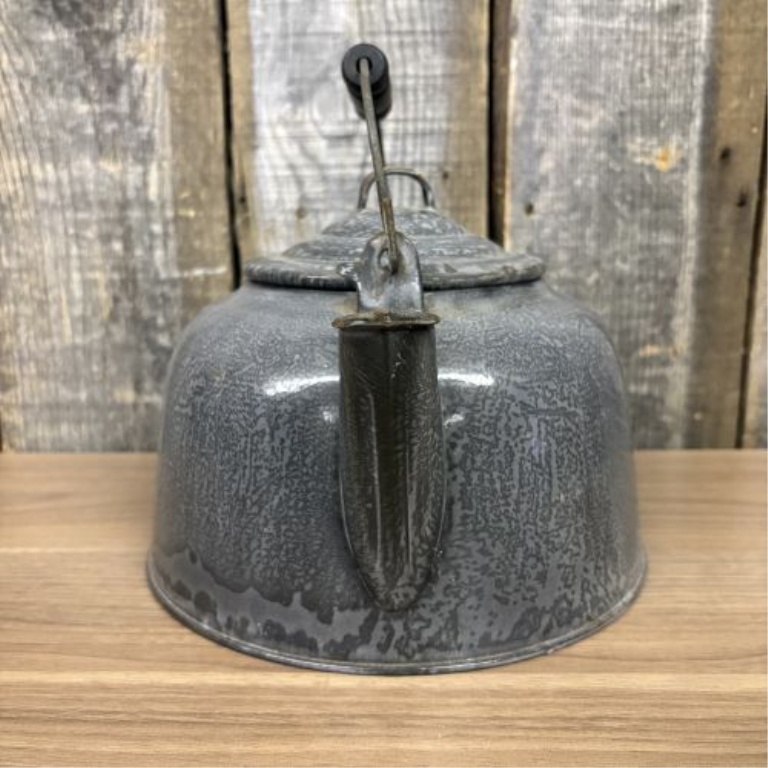 Antique Gray Graniteware Stovetop Tea Kettle with Wooden Grip