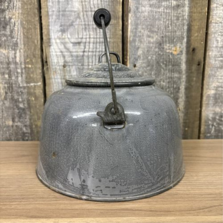 Antique Gray Graniteware Stovetop Tea Kettle with Wooden Grip