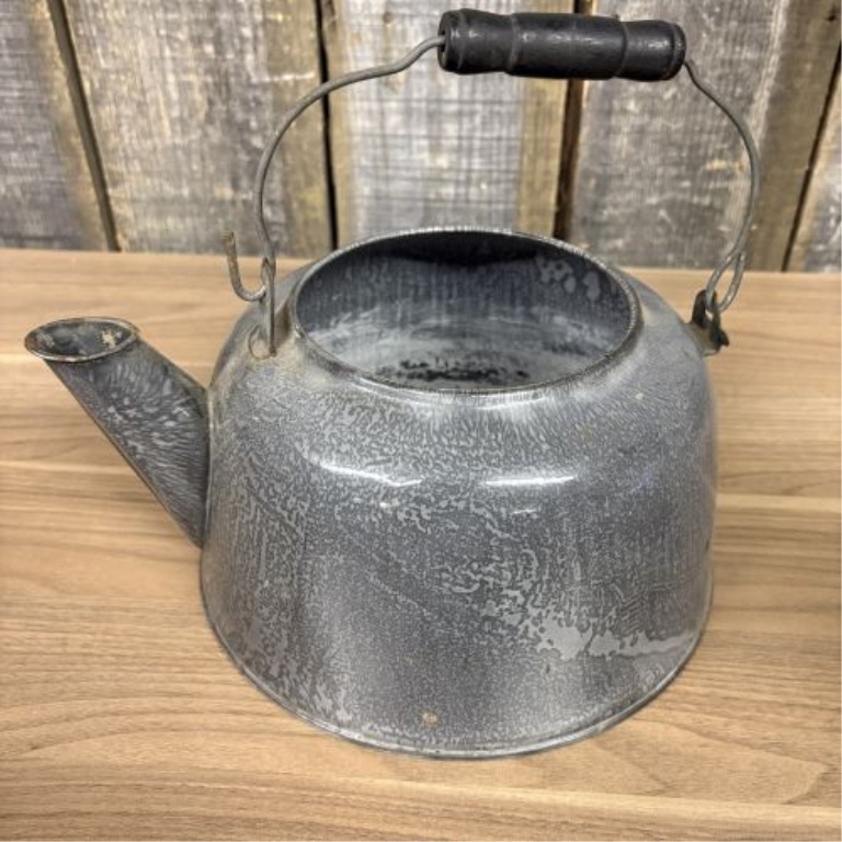 Antique Gray Graniteware Stovetop Tea Kettle with Wooden Grip