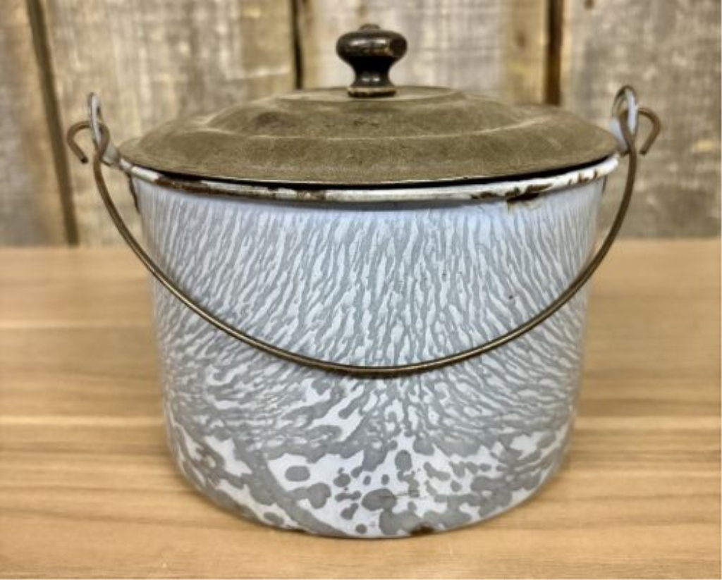 Antique Gray Mottled Graniteware Berry Pail with Tin Lid