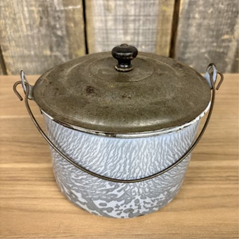 Antique Gray Mottled Graniteware Berry Pail with Tin Lid