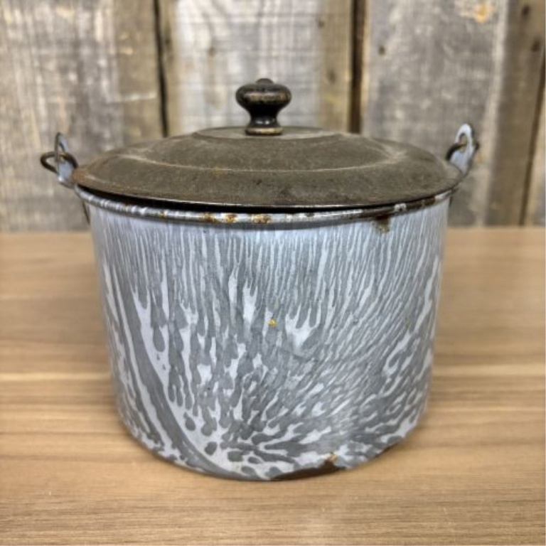 Antique Gray Mottled Graniteware Berry Pail with Tin Lid