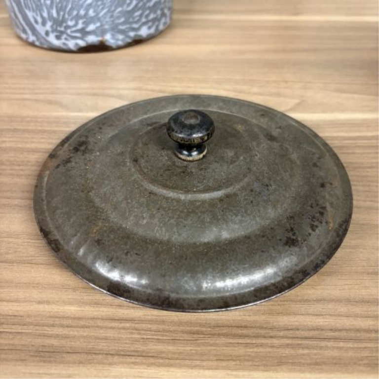 Antique Gray Mottled Graniteware Berry Pail with Tin Lid