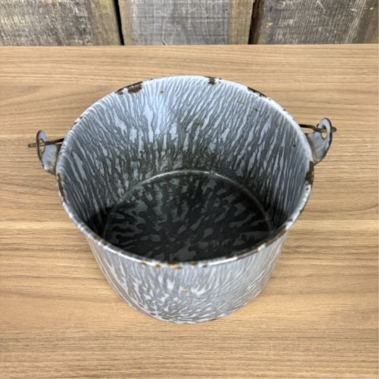 Antique Gray Mottled Graniteware Berry Pail with Tin Lid