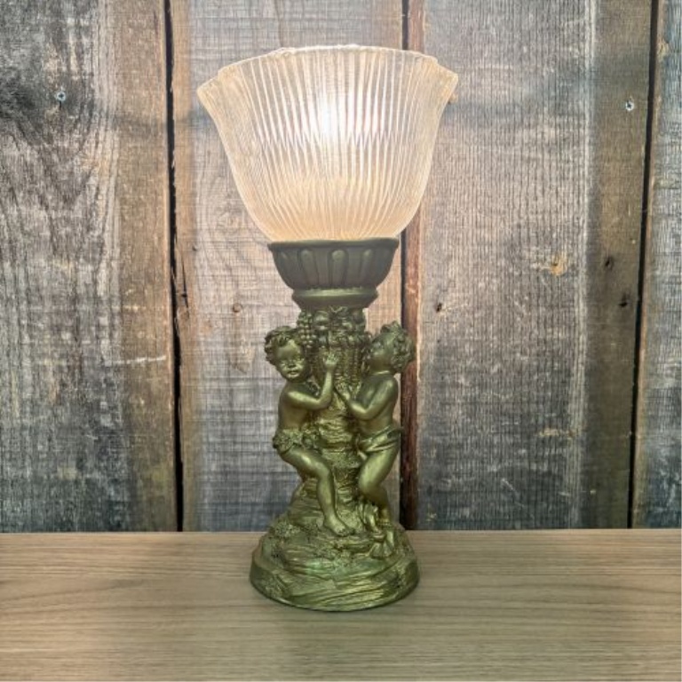 Max Levin Inc. Gold-Toned Cherub Motif Accent Lamp with Fluted Glass Shade