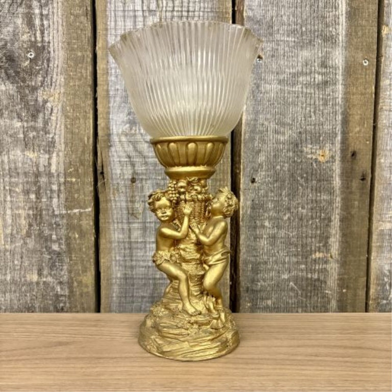Max Levin Inc. Gold-Toned Cherub Motif Accent Lamp with Fluted Glass Shade