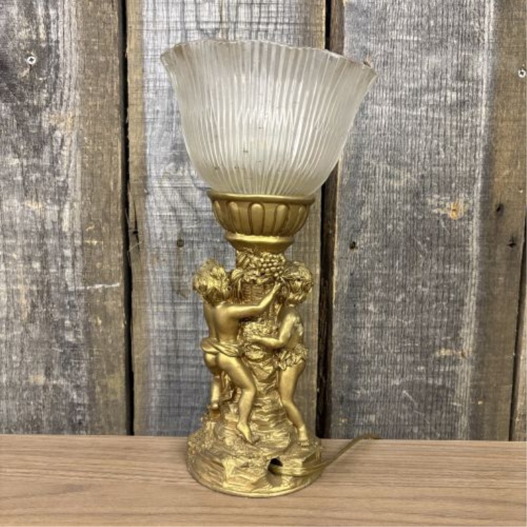 Max Levin Inc. Gold-Toned Cherub Motif Accent Lamp with Fluted Glass Shade