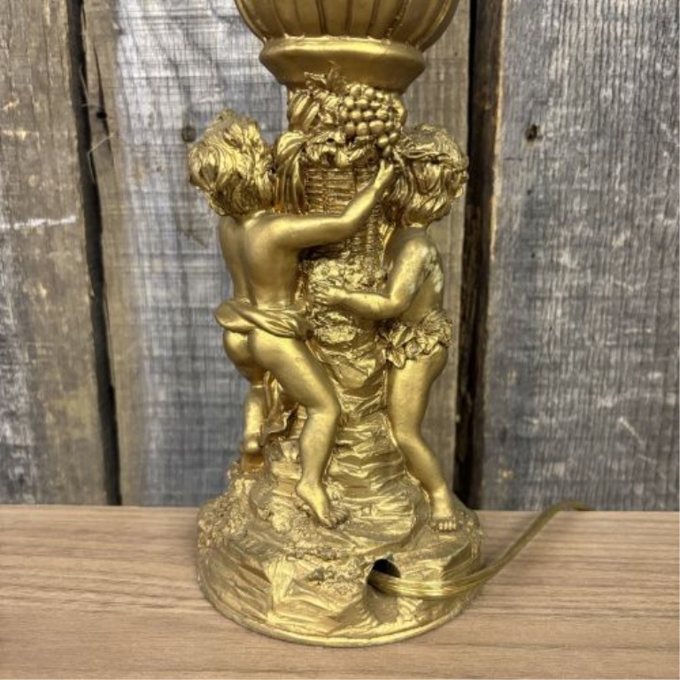 Max Levin Inc. Gold-Toned Cherub Motif Accent Lamp with Fluted Glass Shade