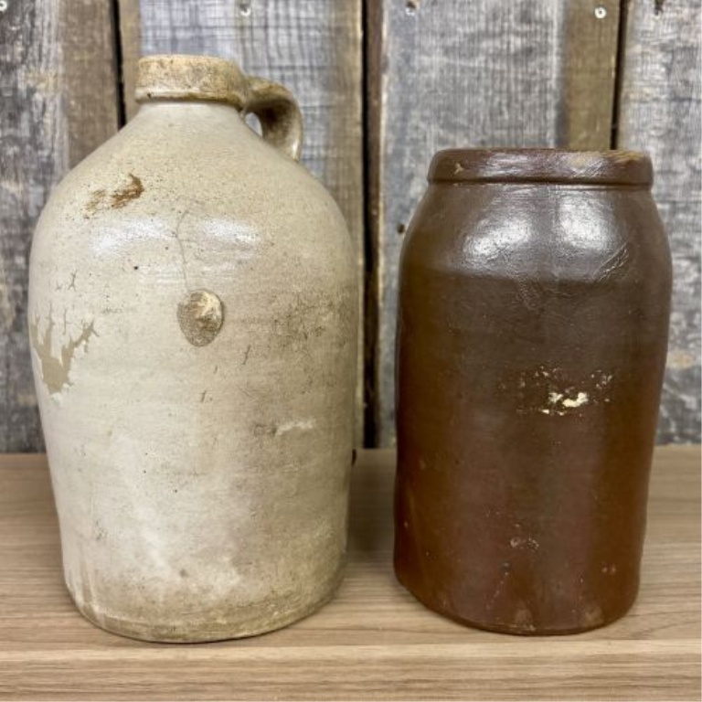 Two Antique American Salt-Glazed and Albany-Slip Glazed Stoneware Utility Vessels