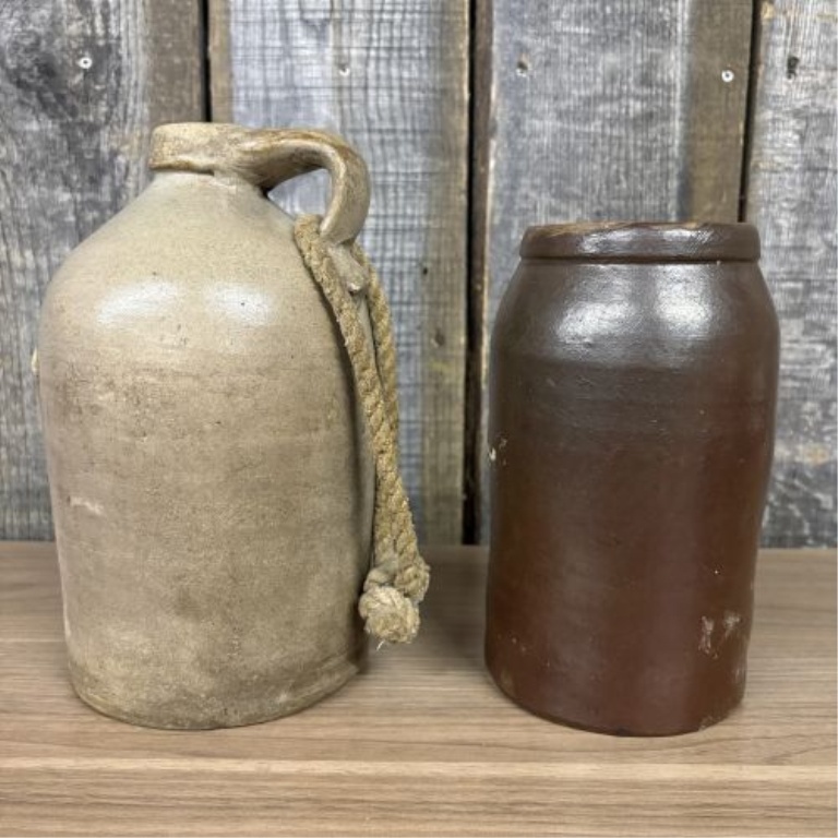 Two Antique American Salt-Glazed and Albany-Slip Glazed Stoneware Utility Vessels