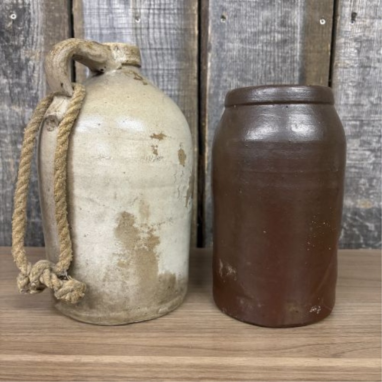Two Antique American Salt-Glazed and Albany-Slip Glazed Stoneware Utility Vessels