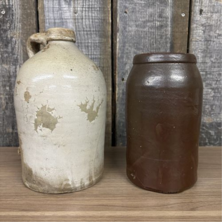 Two Antique American Salt-Glazed and Albany-Slip Glazed Stoneware Utility Vessels