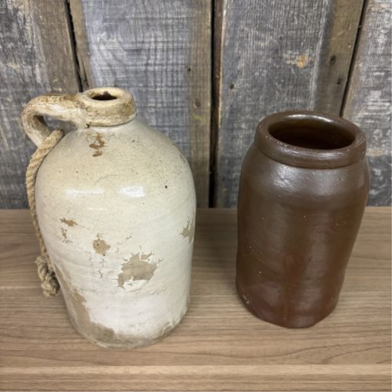 Two Antique American Salt-Glazed and Albany-Slip Glazed Stoneware Utility Vessels