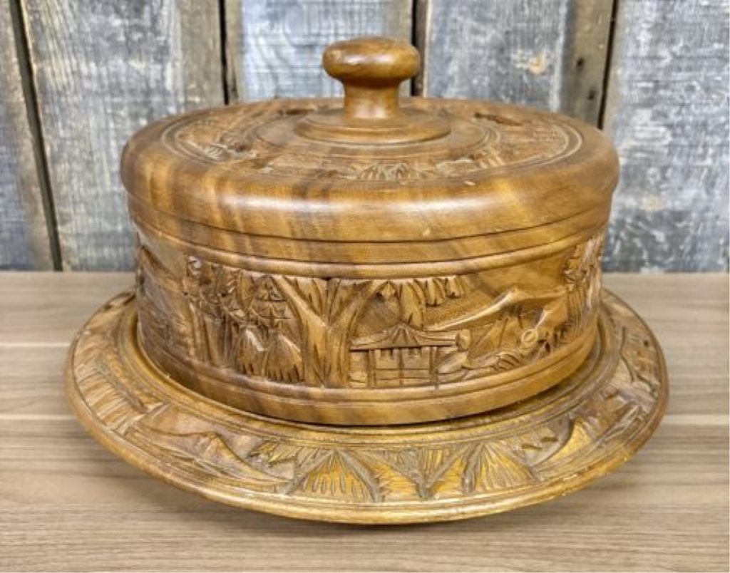 Vintage Hand-Carved Wooden Cake Stand with Dome Lid and Lazy Susan Base