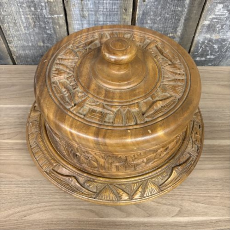 Vintage Hand-Carved Wooden Cake Stand with Dome Lid and Lazy Susan Base