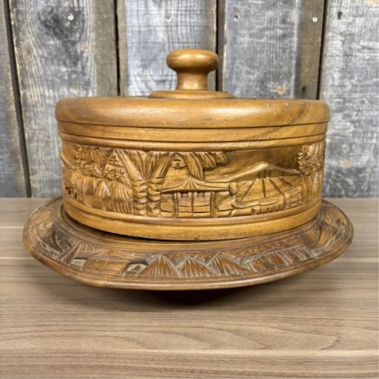 Vintage Hand-Carved Wooden Cake Stand with Dome Lid and Lazy Susan Base