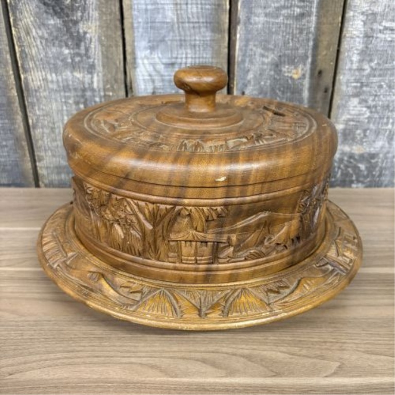 Vintage Hand-Carved Wooden Cake Stand with Dome Lid and Lazy Susan Base