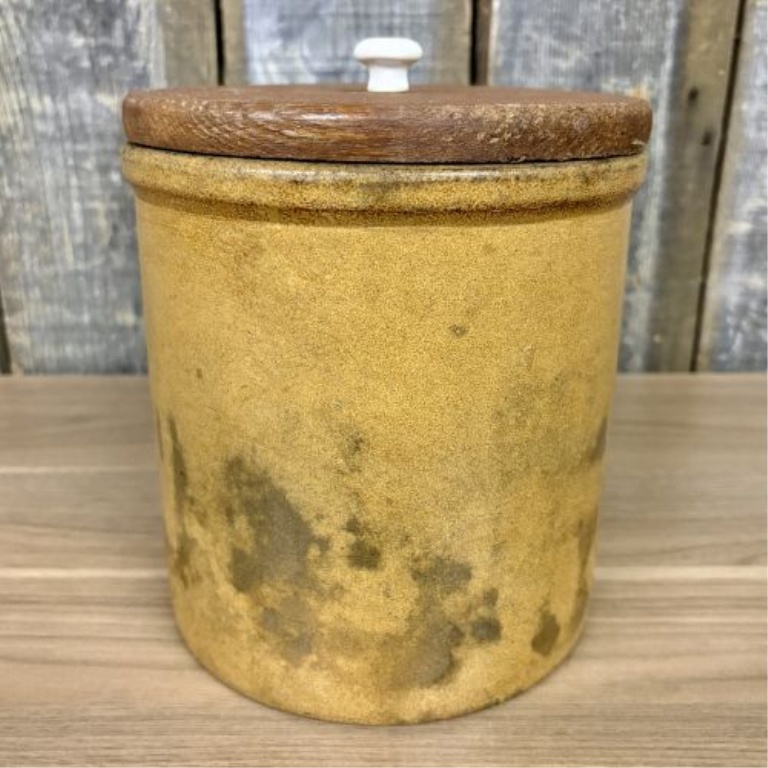 American Yellow Glazed Stoneware Storage Jar with Wooden Lid