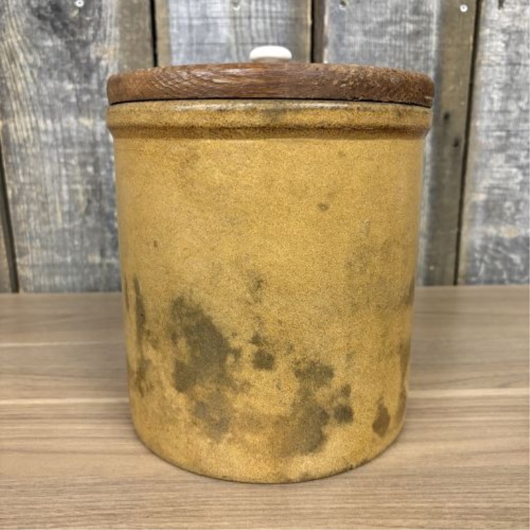 American Yellow Glazed Stoneware Storage Jar with Wooden Lid