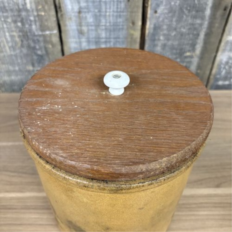 American Yellow Glazed Stoneware Storage Jar with Wooden Lid