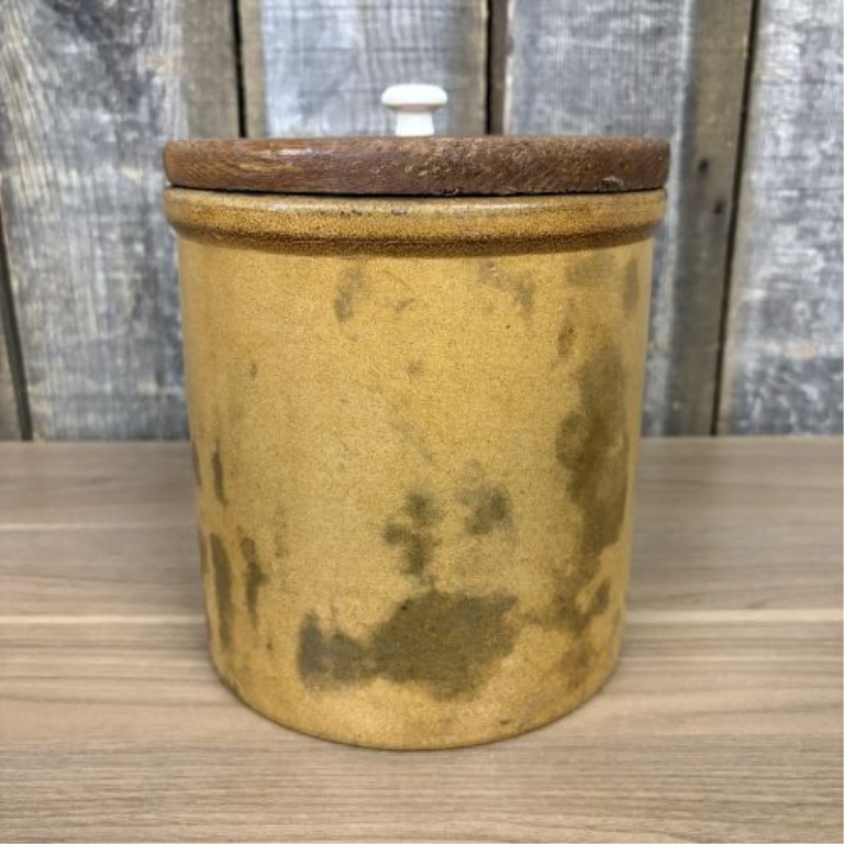 American Yellow Glazed Stoneware Storage Jar with Wooden Lid