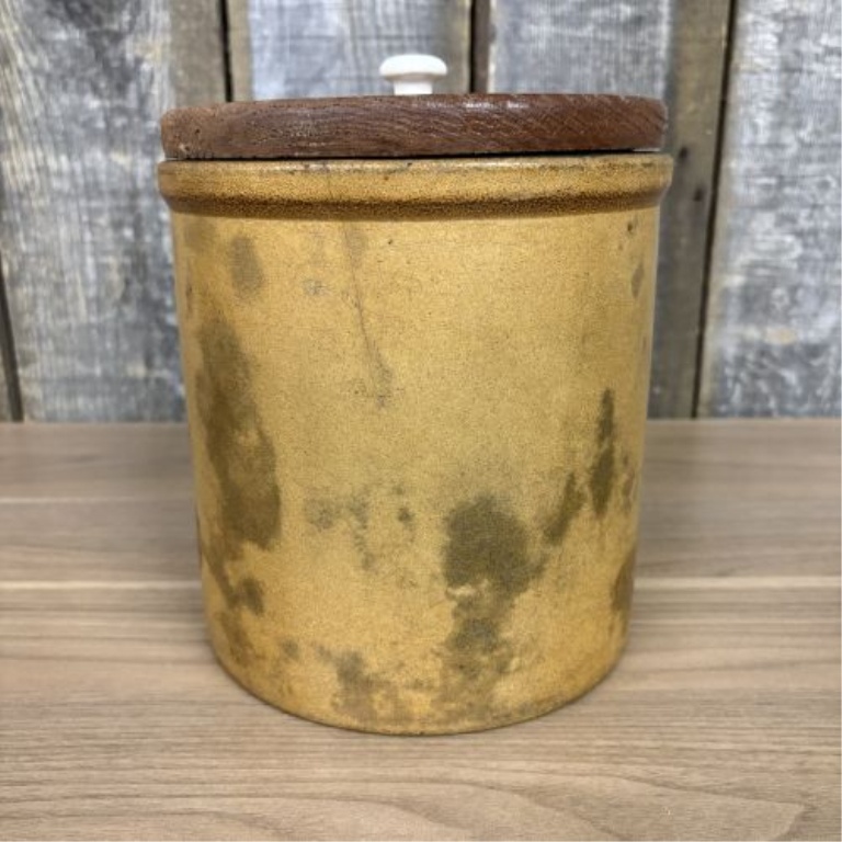 American Yellow Glazed Stoneware Storage Jar with Wooden Lid