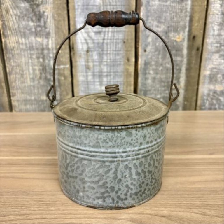 Antique Mottled Galvanized Steel Lidded Lunch Pail with Wooden Grip