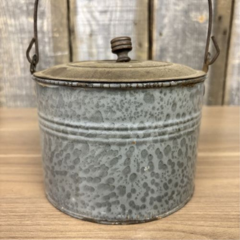 Antique Mottled Galvanized Steel Lidded Lunch Pail with Wooden Grip